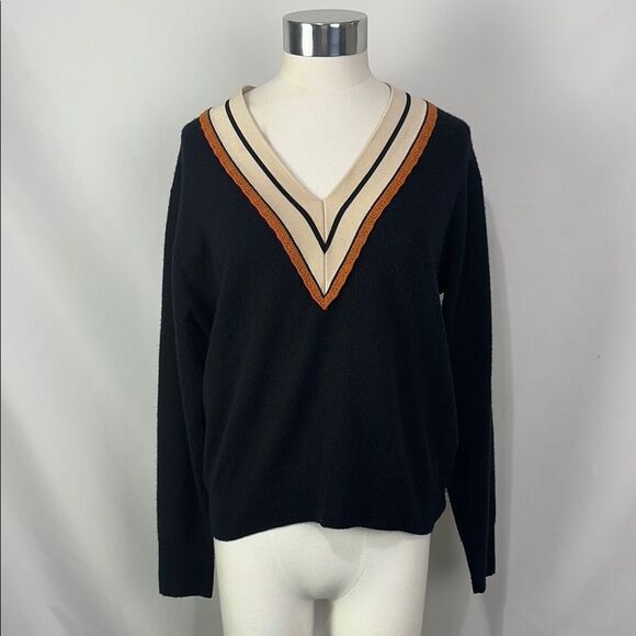 Sandro Colle Striped Neck Wool Cashmere Sweater - Picture 2 of 7